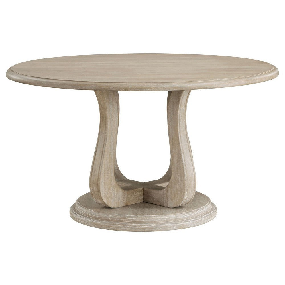 Eva Round Dining Table Pedestal Base White Washed Brown Wood 60 Inch BM329127