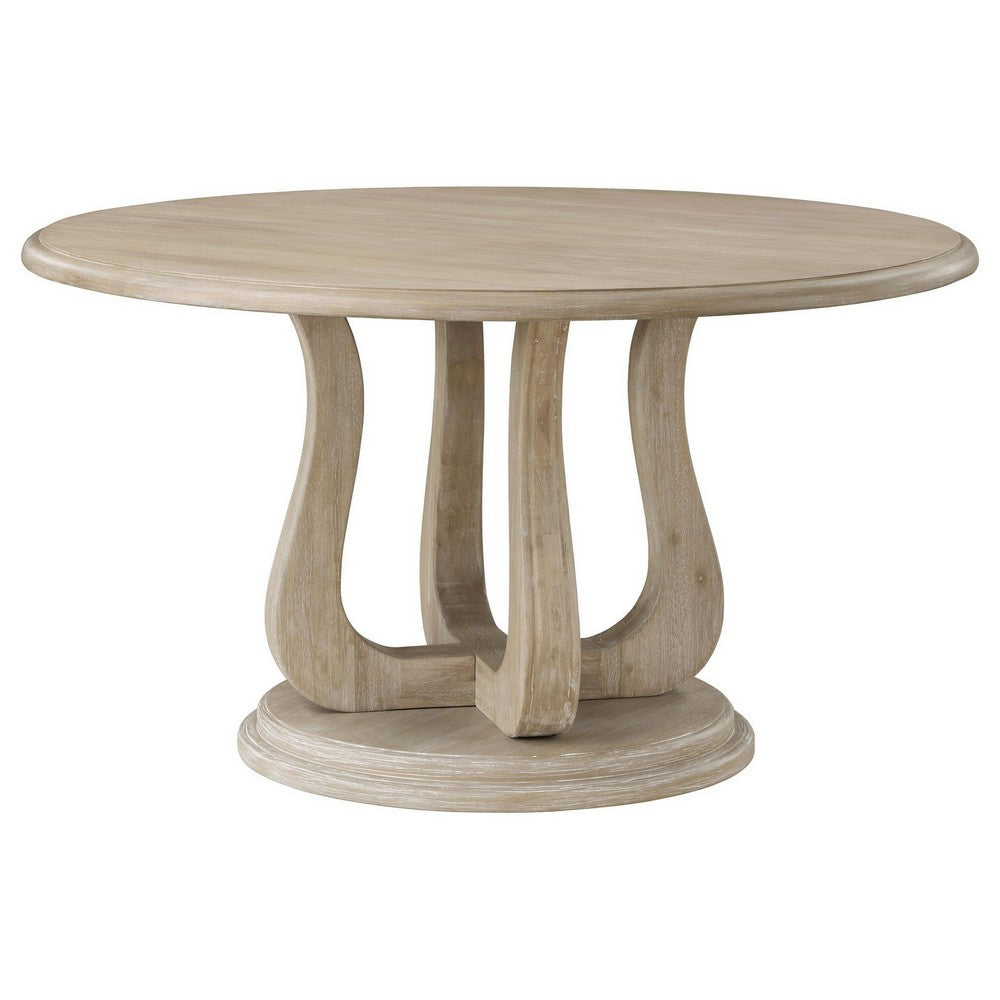 Eva Round Dining Table, Pedestal Base, White Washed Brown Wood 60 Inch