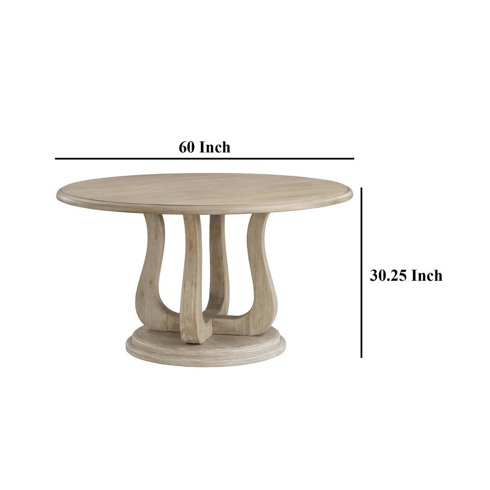 Eva Round Dining Table Pedestal Base White Washed Brown Wood 60 Inch BM329127