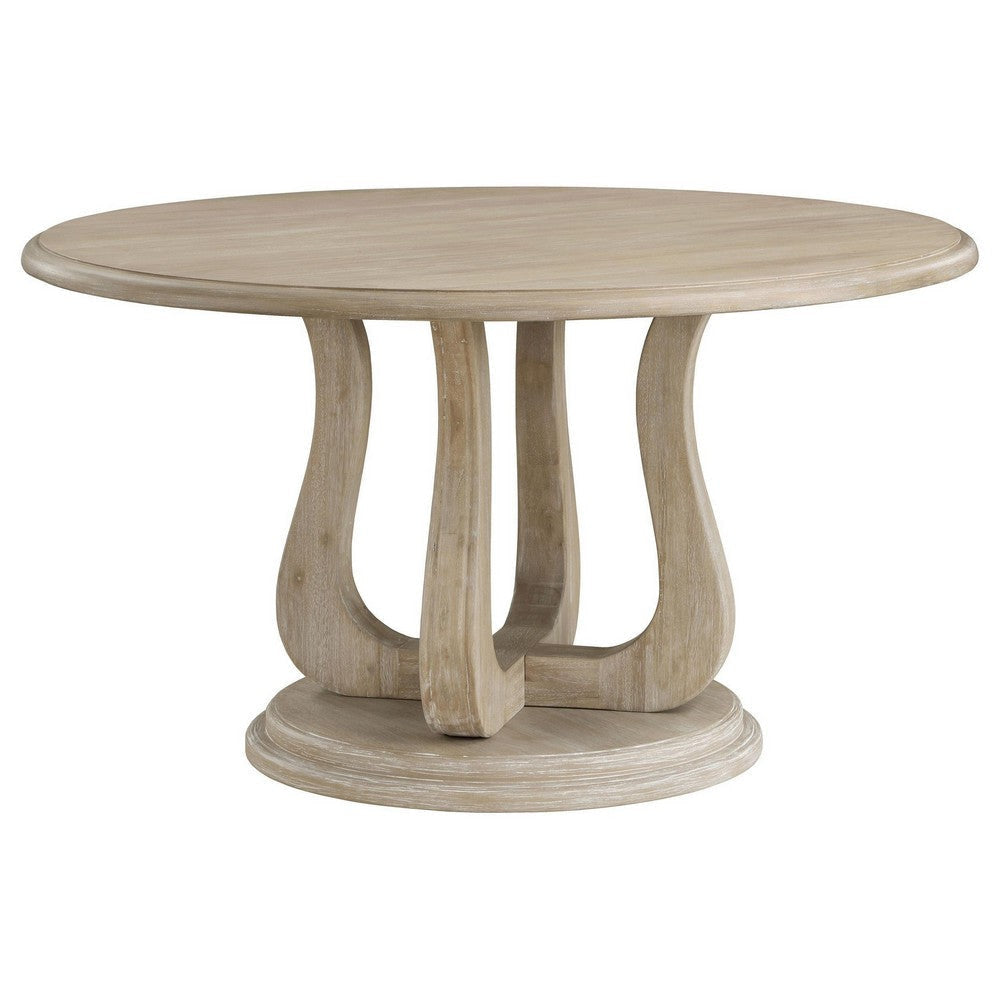 Eva Round Dining Table, Pedestal Base, White Washed Brown Wood 60 Inch