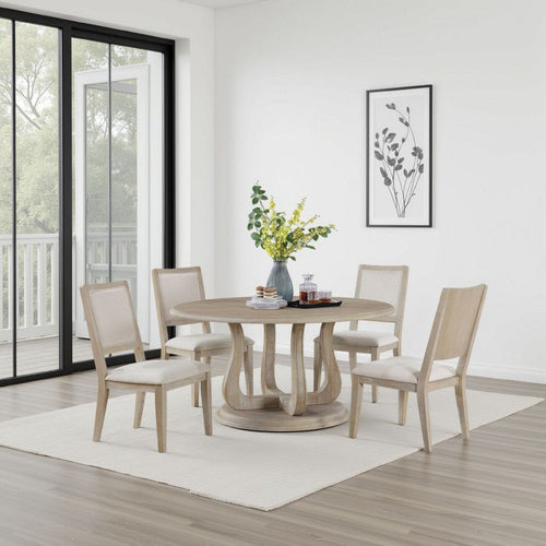 Eva Round Dining Table, Pedestal Base, White Washed Brown Wood 60 Inch