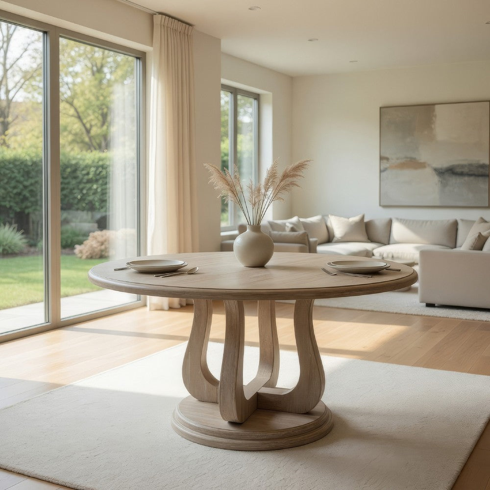Eva Round Dining Table, Pedestal Base, White Washed Brown Wood 60 Inch