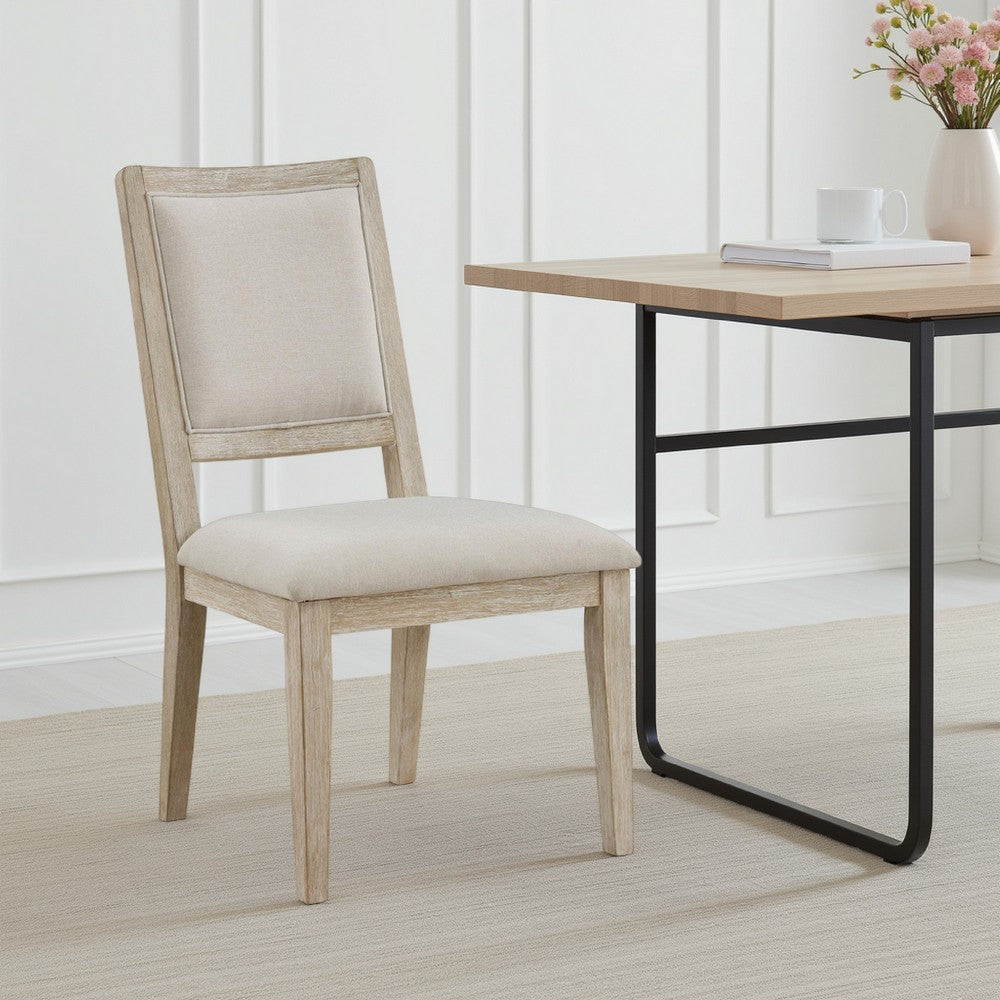 Eva Dining Side Chair Set of 2, Square Back, White Wood, Beige Fabric