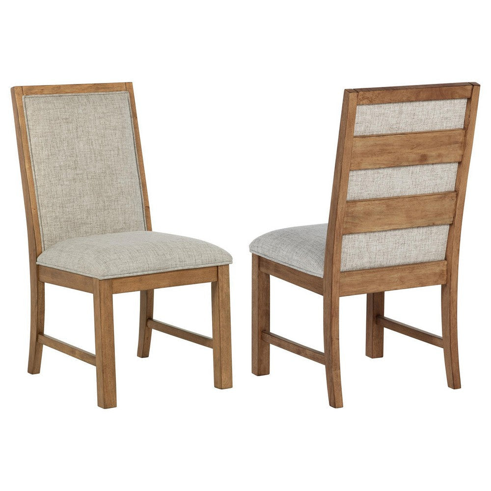 Rune Dining Side Chair Set of 2, Brown Asian Hardwood, Beige Fabric