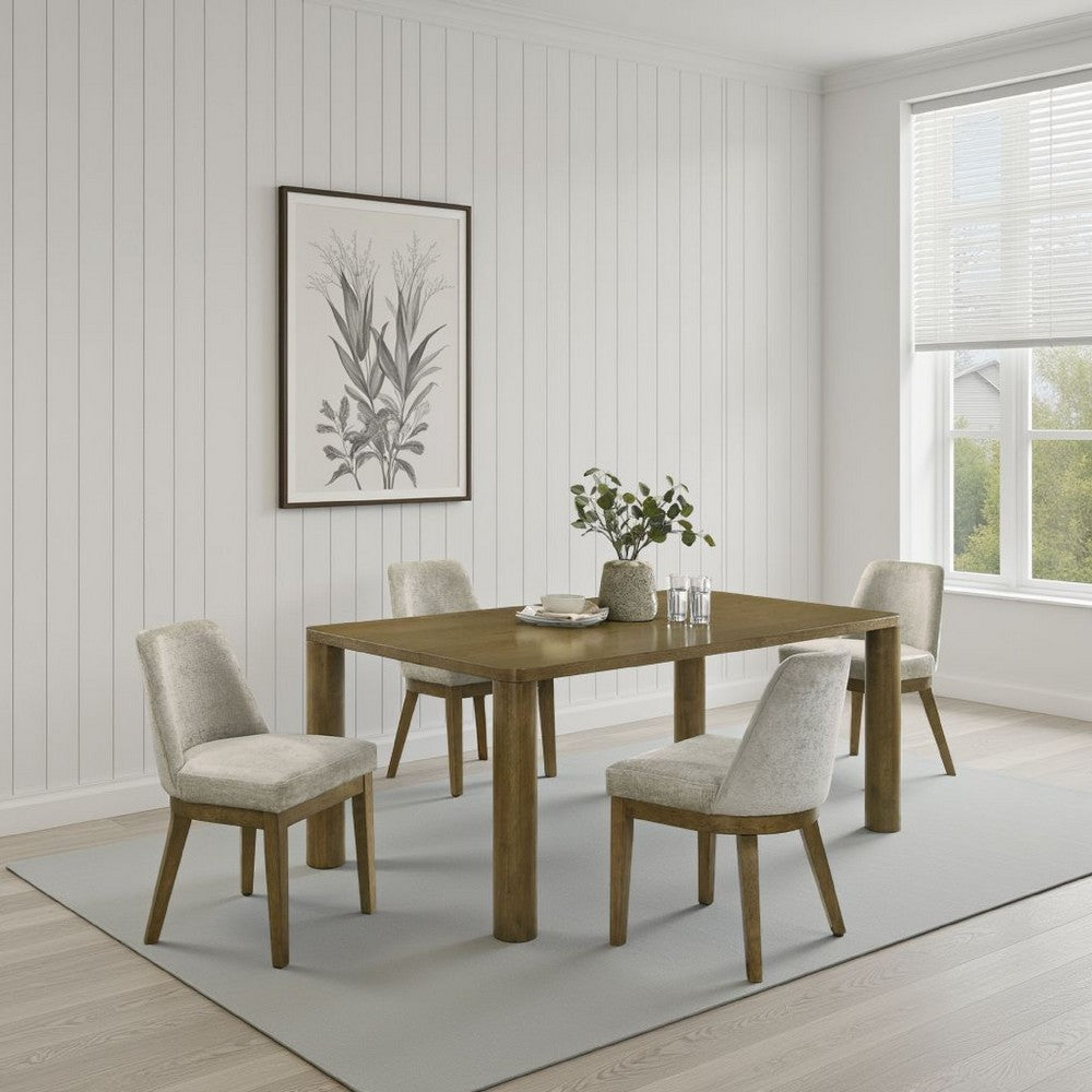 Givy Rectangular Dining Table with Round Post Legs, Brown Wood 71 Inch