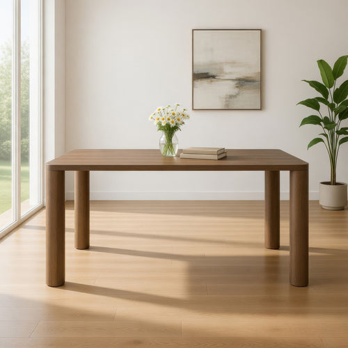 Givy Rectangular Dining Table with Round Post Legs, Brown Wood 71 Inch