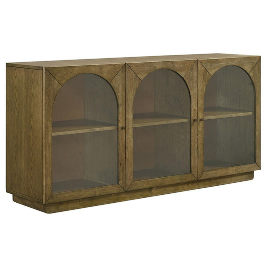 Givy Sideboard Buffet, 3 Arched Glass Doors 71 Inch Natural Brown Wood