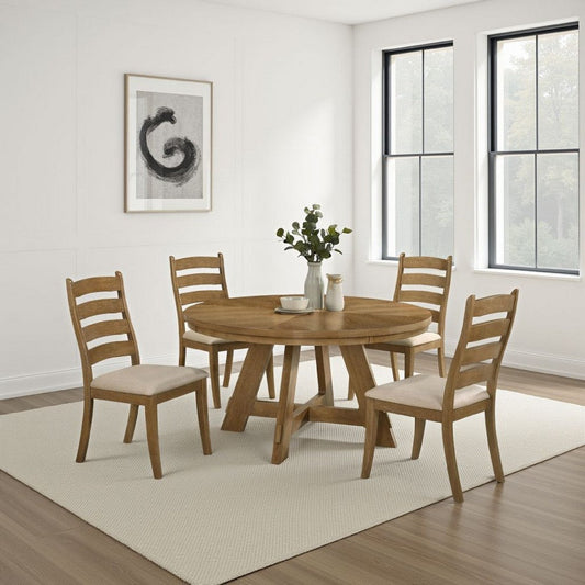 Danie Round Dining Table with Starburst Wedge Top, Brown Wood 54 Inch