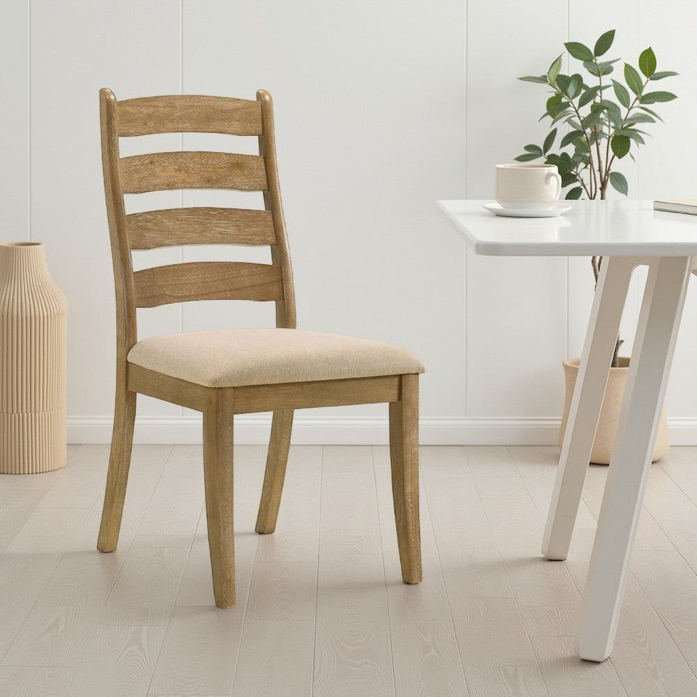 Danie Dining Side Chair Set of 2, Ladderback, Brown Wood, Beige Fabric