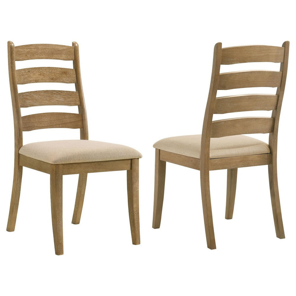Danie Dining Side Chair Set of 2, Ladderback, Brown Wood, Beige Fabric