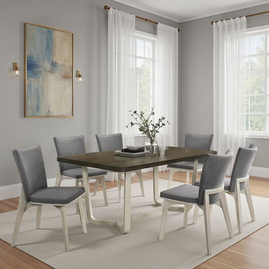 Loxy Dining Table, Curved Base, Rectangular Gray Brown Wood 71 Inch