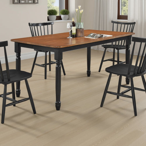 Halie Dining Table, Black Turned Legs, Rectangular Brown Wood, 63 Inch