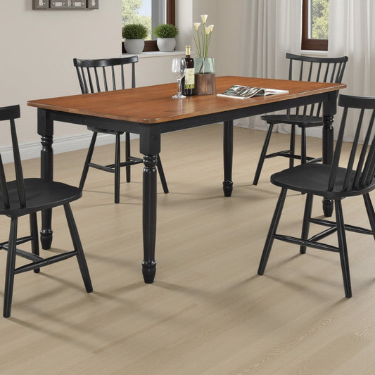 Halie Dining Table, Black Turned Legs, Rectangular Brown Wood, 63 Inch