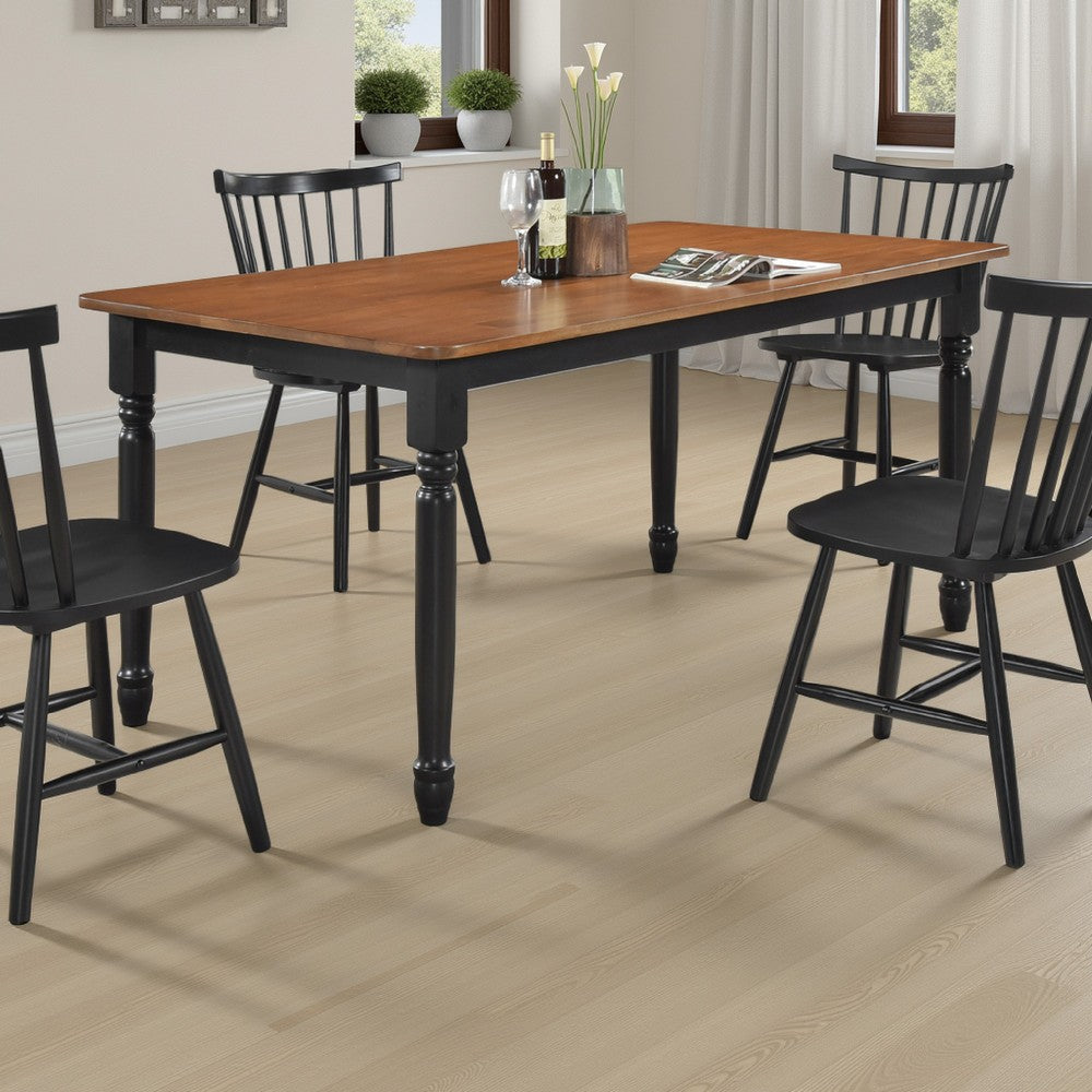 Halie Dining Table, Black Turned Legs, Rectangular Brown Wood, 63 Inch