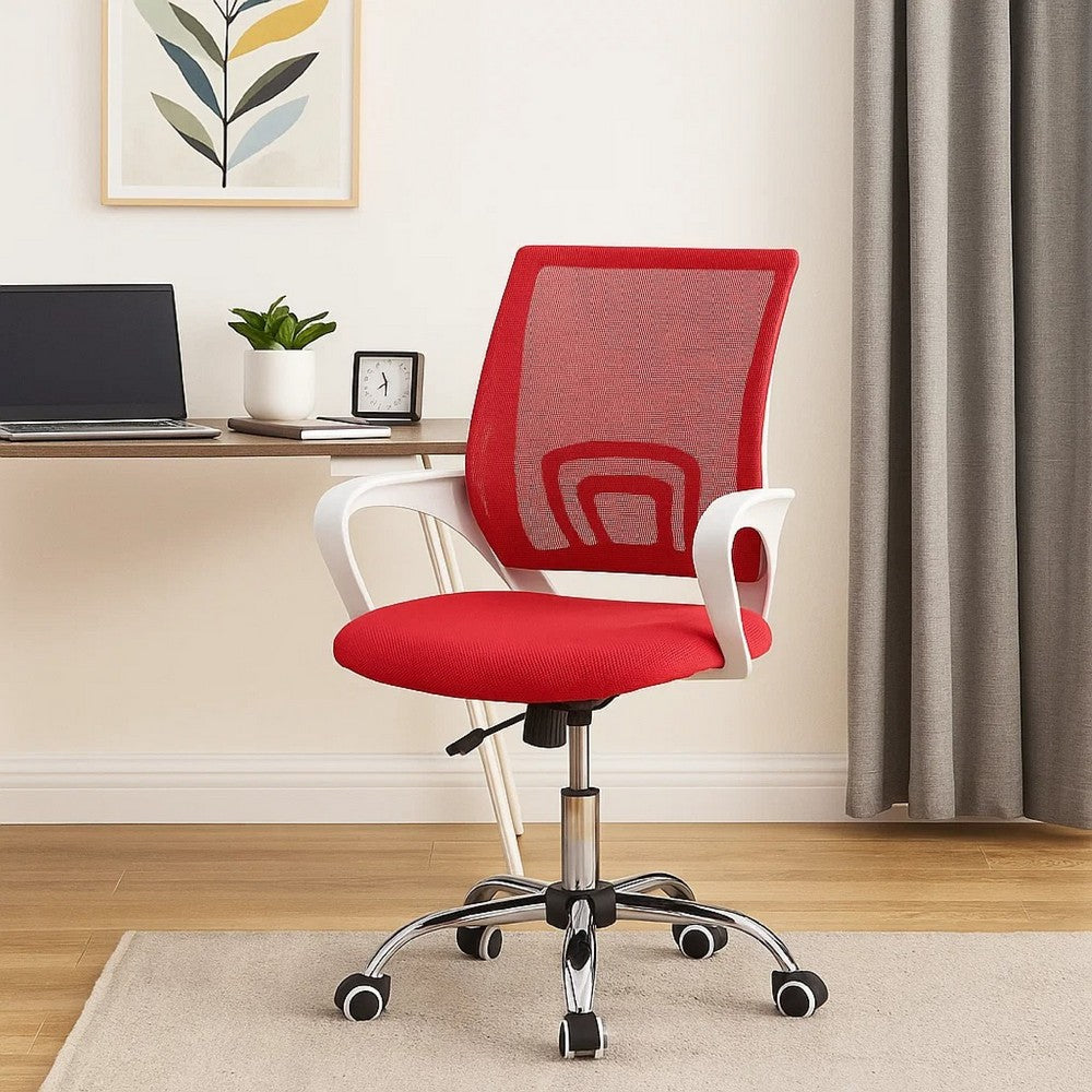 Fera Rolling Office Chair, Adjustable Chrome Base, Red Mesh Fabric