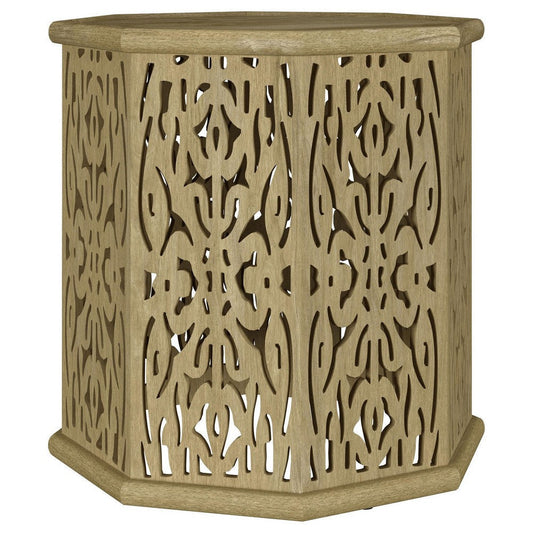 Ores Accent Side Table with Intricate Carvings, Brown Mango Wood