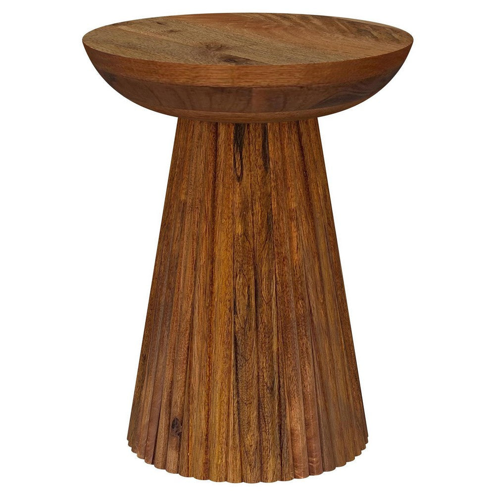 Ureo Round Accent Side Table Cone Pedestal Base Brown Mango Wood BM329155