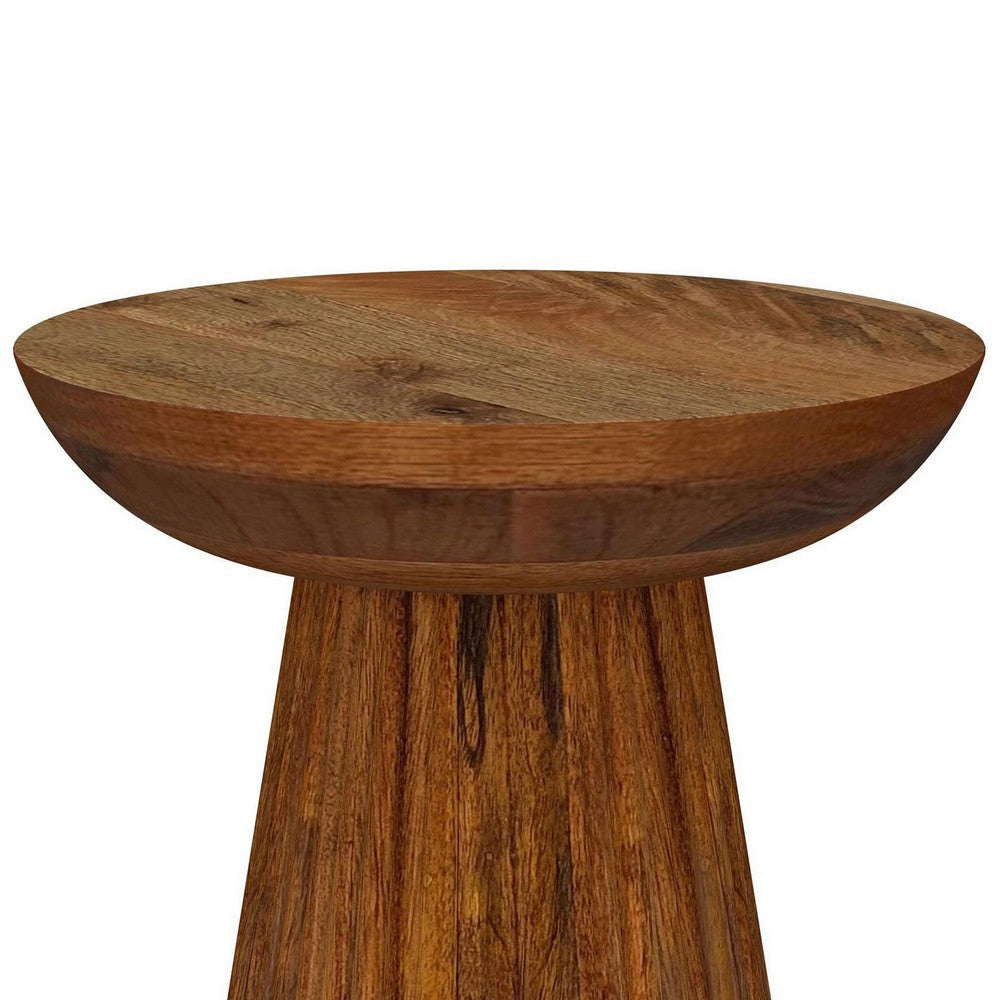 Ureo Round Accent Side Table Cone Pedestal Base Brown Mango Wood BM329155