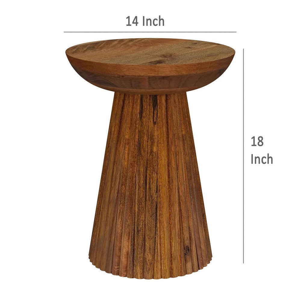 Ureo Round Accent Side Table Cone Pedestal Base Brown Mango Wood BM329155