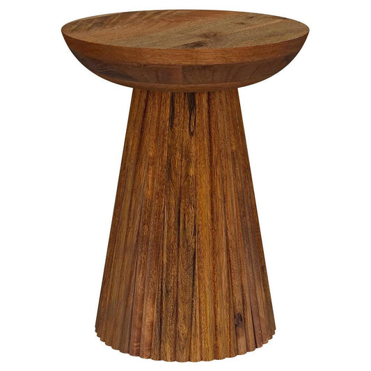 Ureo Round Accent Side Table, Cone Pedestal Base, Brown Mango Wood