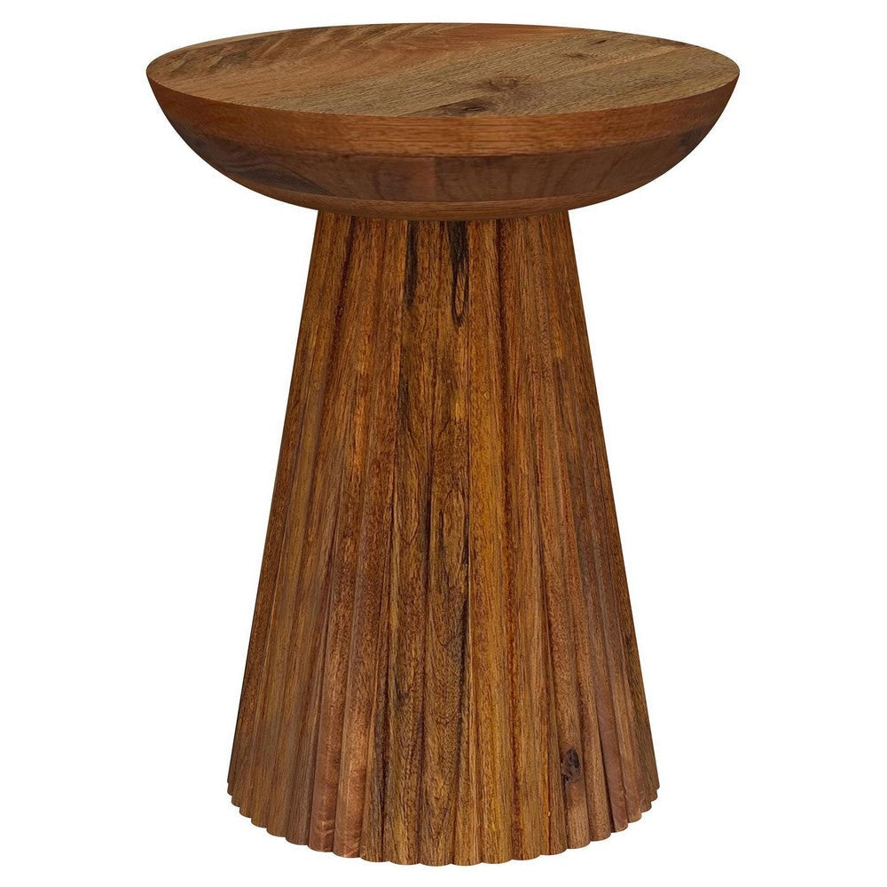 Ureo Round Accent Side Table, Cone Pedestal Base, Brown Mango Wood