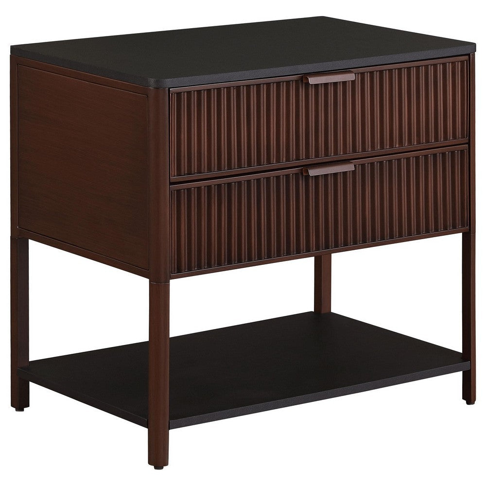 Zemy Side End Table, 2 Drawers, Open Shelf, Black Metal, Rust Brown
