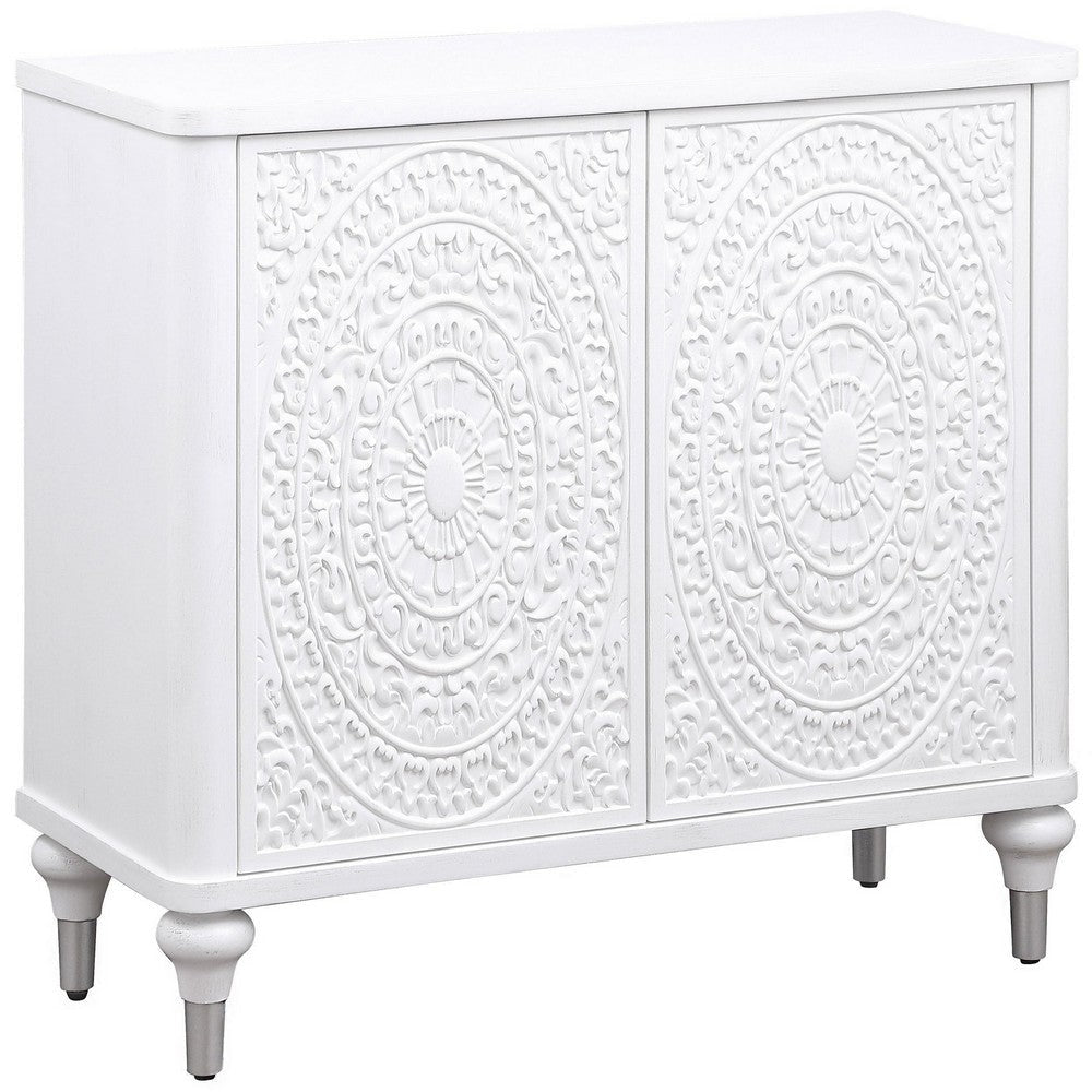 Cardi Accent Cabinet, 2 Medallion Carved Doors, 36 Inch Classic White
