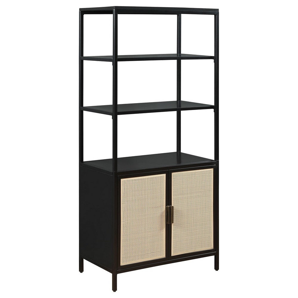 Lanie Tall Accent Cabinet, 3 Shelves 2 Doors, PE Cane, Black Metal