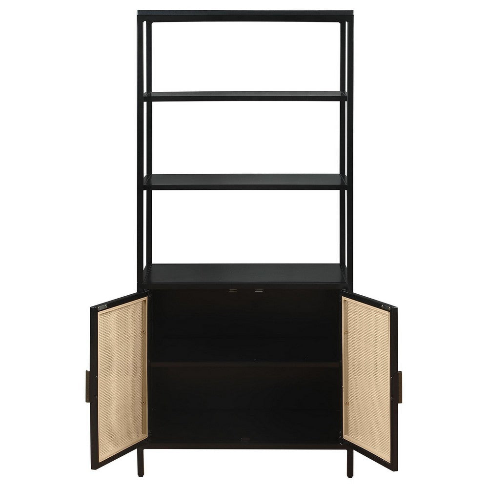Lanie Tall Accent Cabinet 3 Shelves 2 Doors PE Cane Black Metal