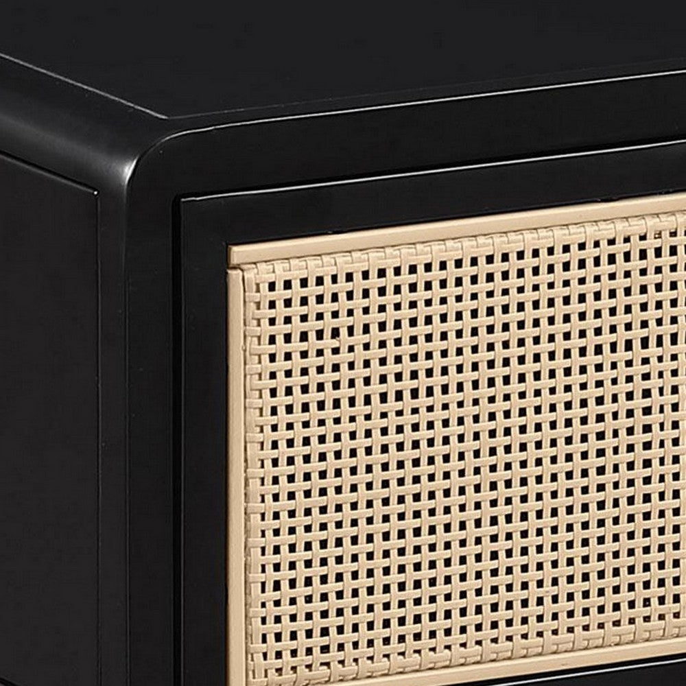 Lanie Bedside Table with Drawer and Open Shelf PE Cane Black Metal