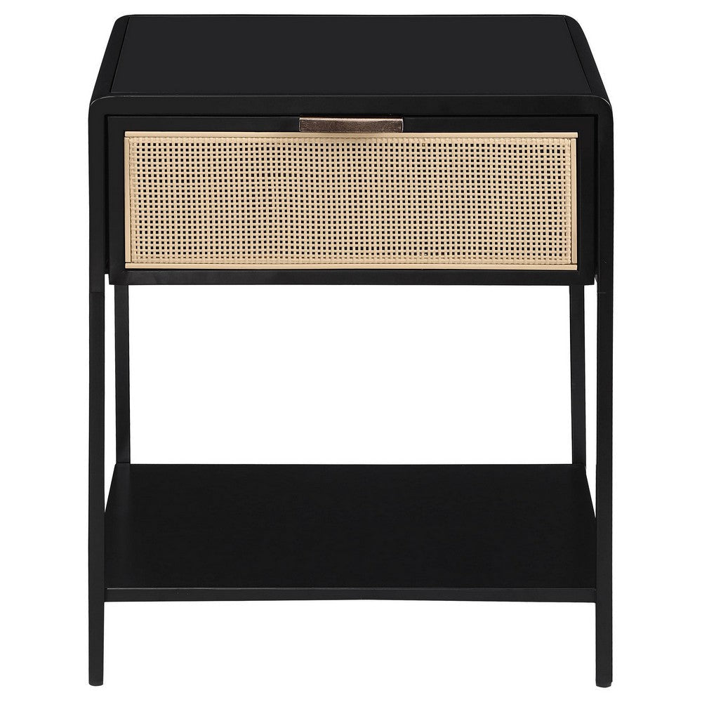 Lanie Bedside Table with Drawer and Open Shelf PE Cane Black Metal