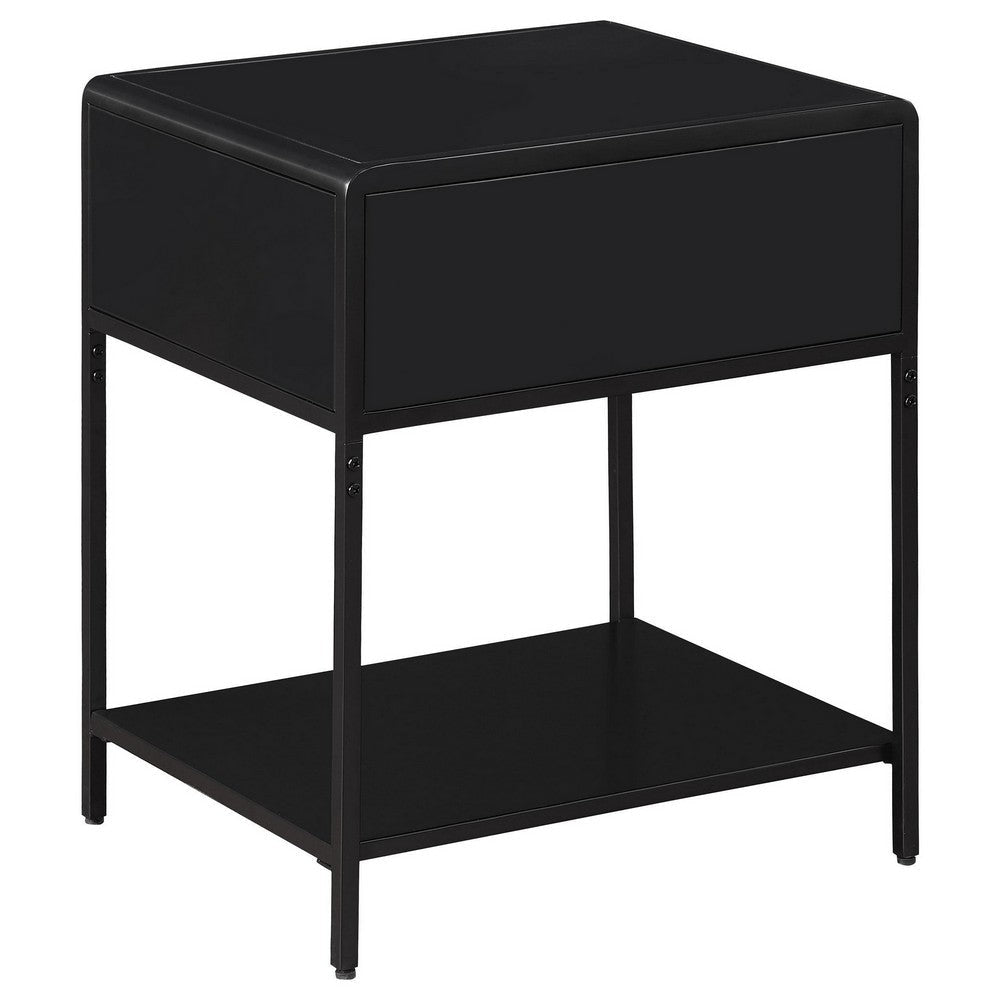 Lanie Bedside Table with Drawer and Open Shelf PE Cane Black Metal