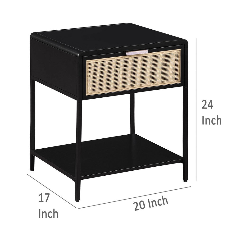 Lanie Bedside Table with Drawer and Open Shelf PE Cane Black Metal