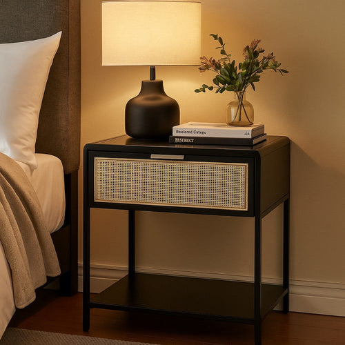 Lanie Bedside Table with Drawer and Open Shelf, PE Cane, Black Metal