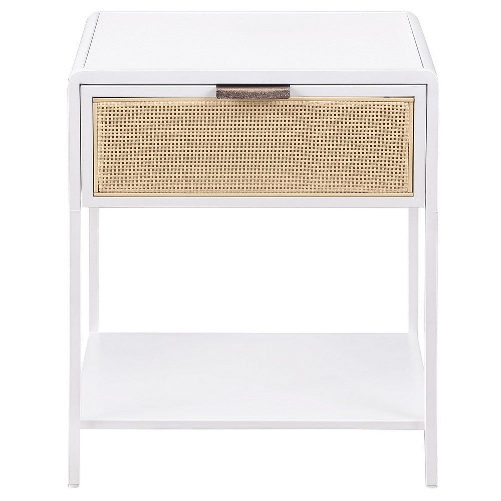Lanie Bedside Table with Drawer and Open Shelf PE Cane White Metal