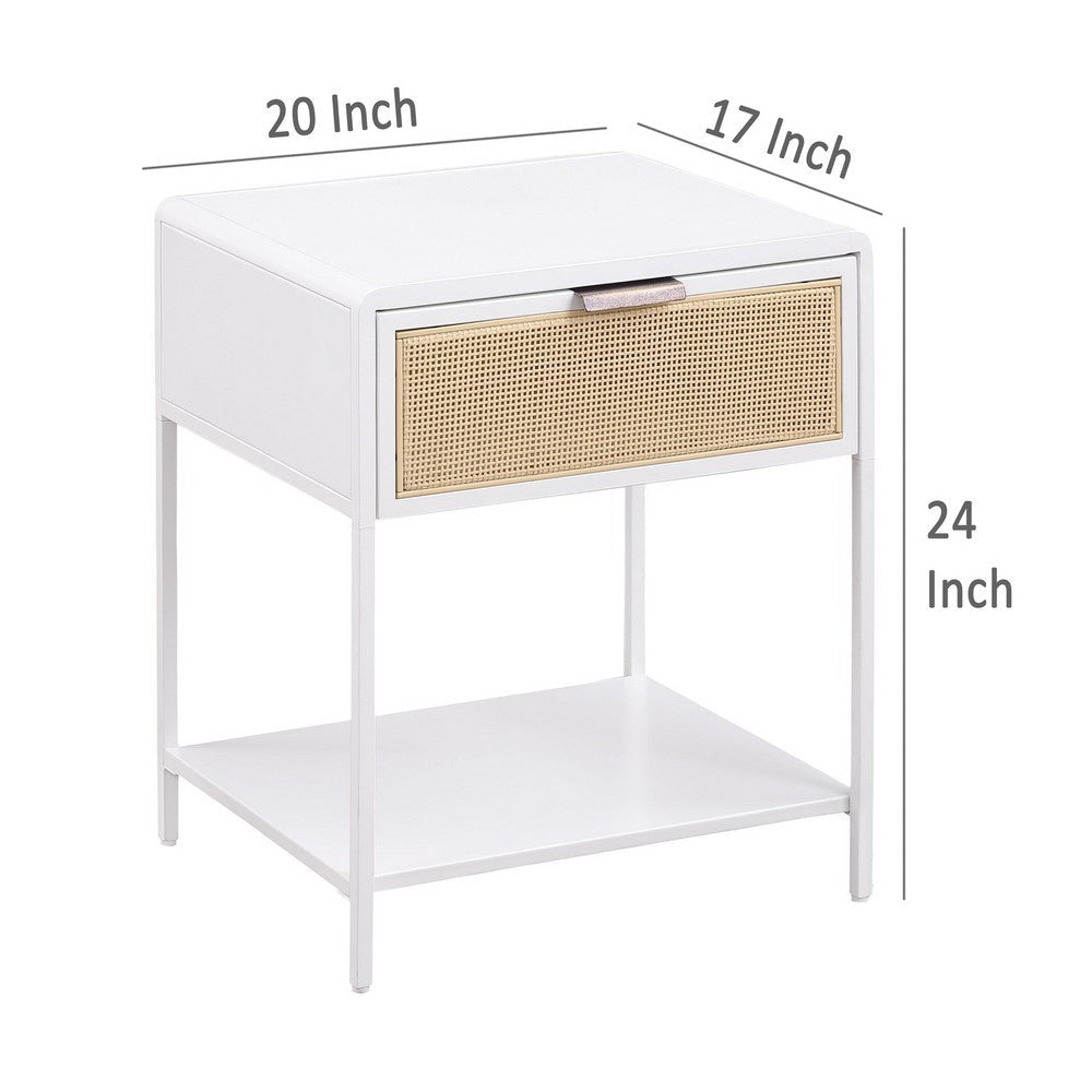 Lanie Bedside Table with Drawer and Open Shelf PE Cane White Metal