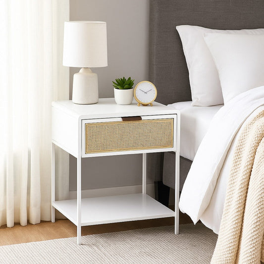 Lanie Bedside Table with Drawer and Open Shelf, PE Cane, White Metal