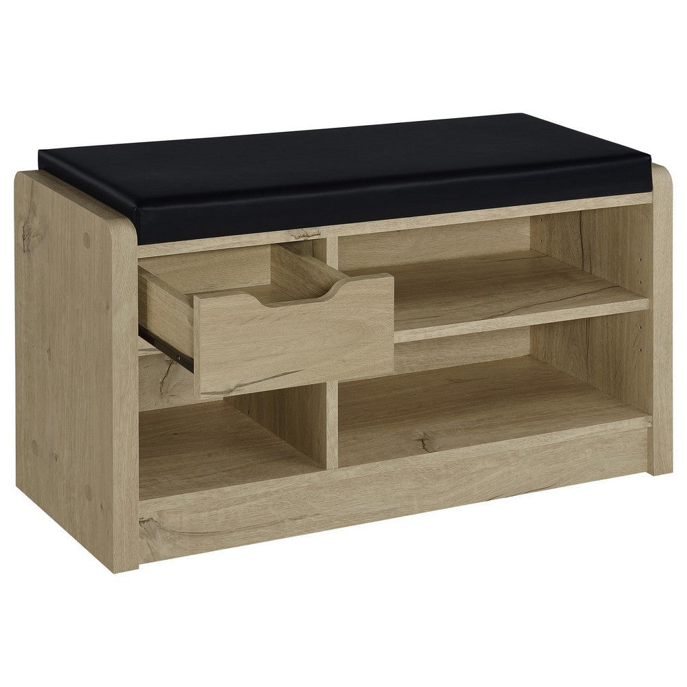 Aryn Storage Bench Adjustable Shelf Black Faux Leather Oak Brown