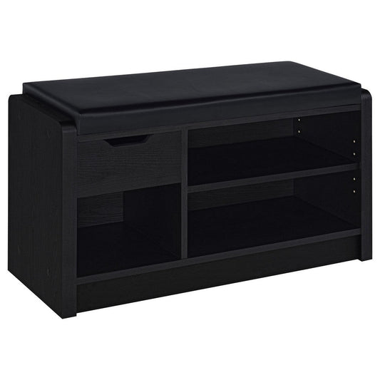 Aryn Storage Bench with Adjustable Shelf, Black Faux Leather, Black
