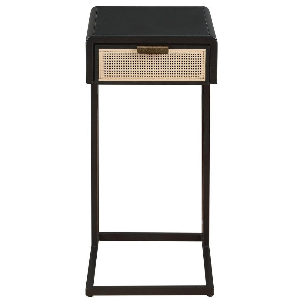Lanie Side C Table 1 Drawer Sleek Black Metal Frame Faux Rattan