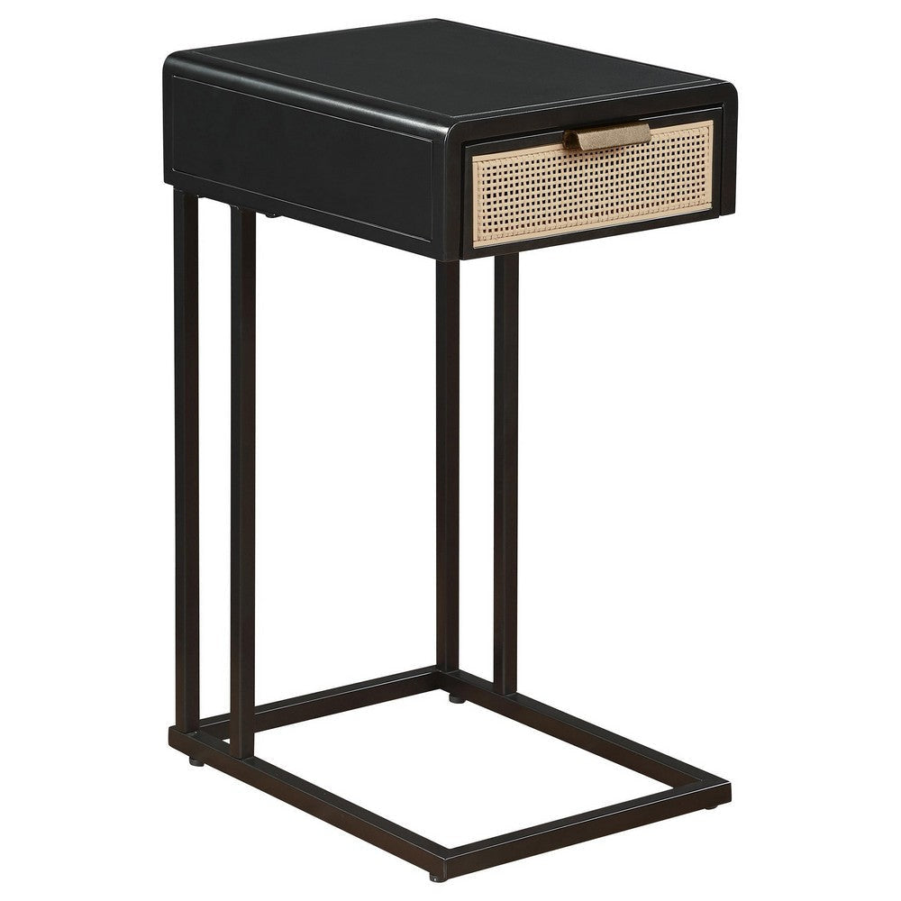 Lanie Side C Table, 1 Drawer, Sleek Black Metal Frame, Faux Rattan