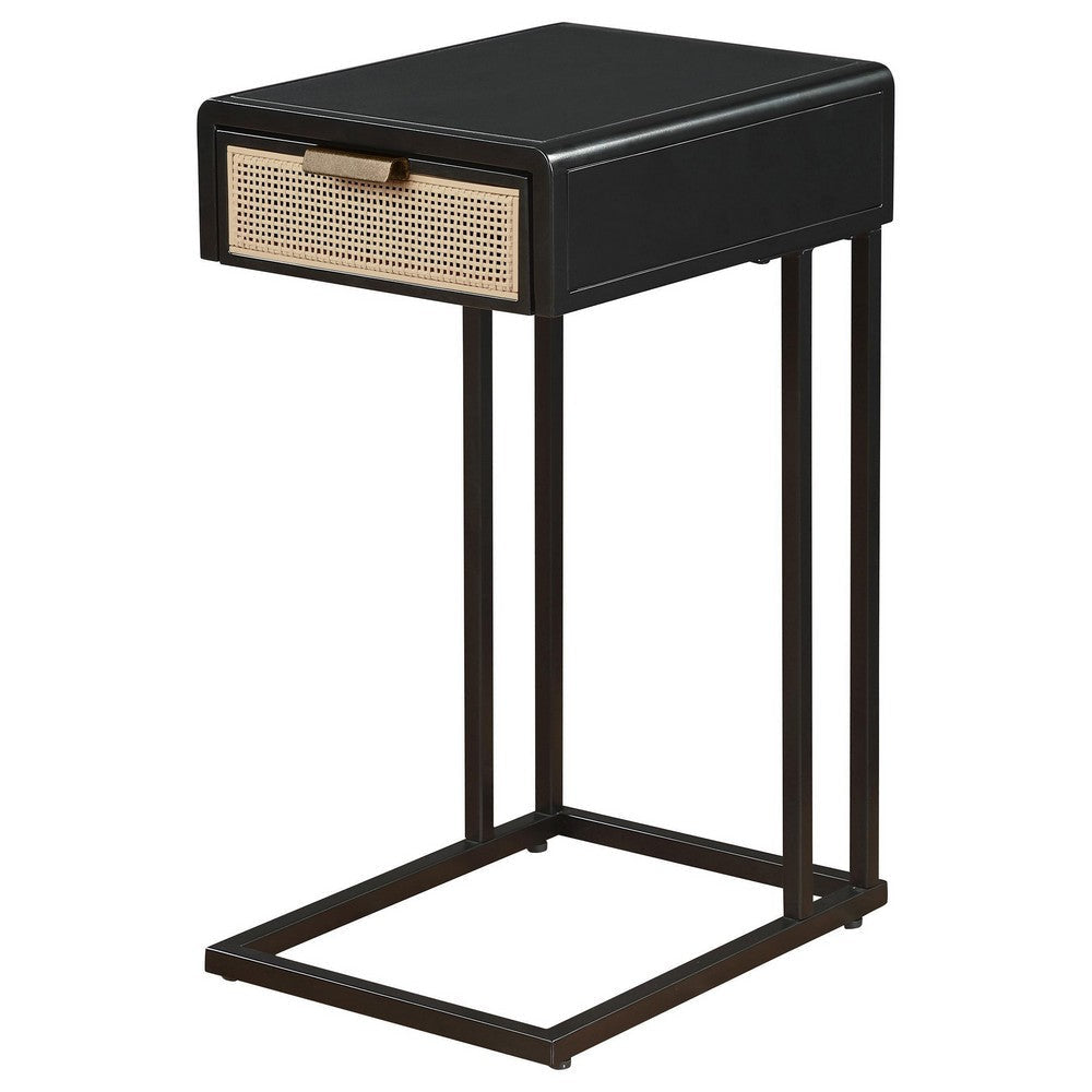 Lanie Side C Table 1 Drawer Sleek Black Metal Frame Faux Rattan