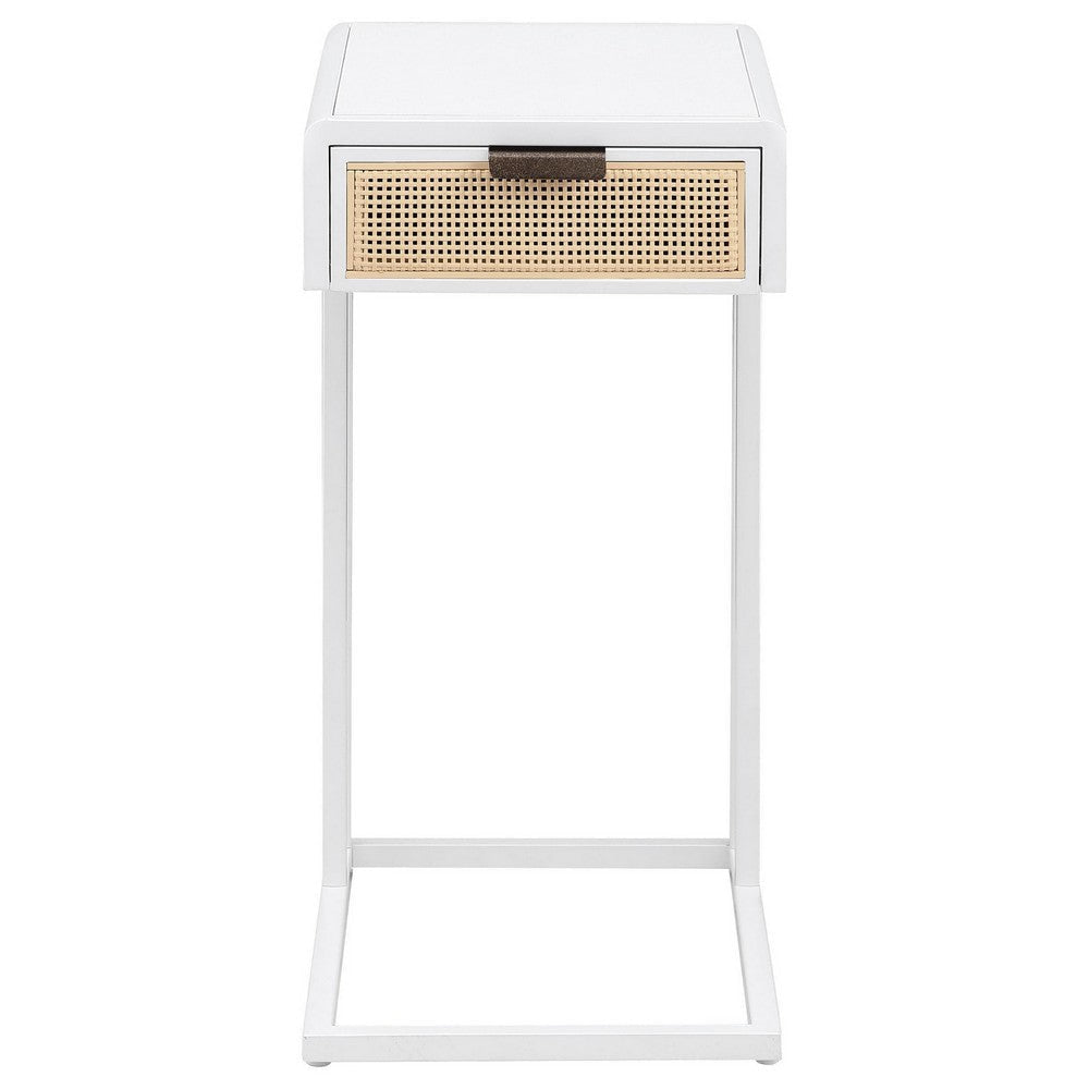 Lanie Side C Table 1 Drawer Sleek White Metal Frame Faux Rattan