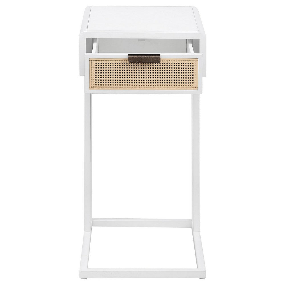 Lanie Side C Table 1 Drawer Sleek White Metal Frame Faux Rattan