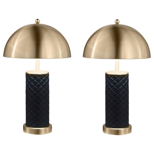 Eris Table Lamp Set of 2 with LED, Gold Dome Shade, Black Faux Leather