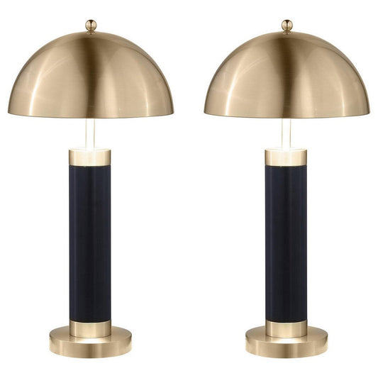 Cony Tall Table Lamp Set of 2, LED, Gold Dome Shade Black Faux Leather