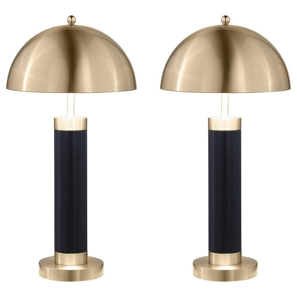 Cony Tall Table Lamp Set of 2, LED, Gold Dome Shade Black Faux Leather