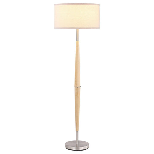 Nary Floor Lamp, 58 Inch Tapered Wood Stem, White Fabric, Chrome Metal