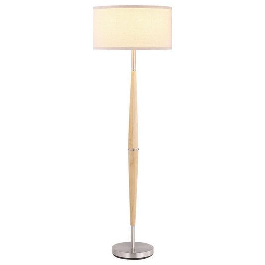 Nary Floor Lamp, 58 Inch Tapered Wood Stem, White Fabric, Chrome Metal