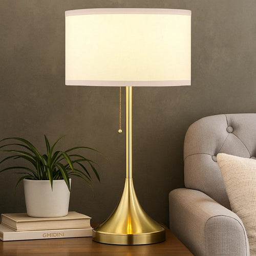 Mikka Table Lamp, Pull-Chain, Gold Flared Pedestal Base, Beige Fabric
